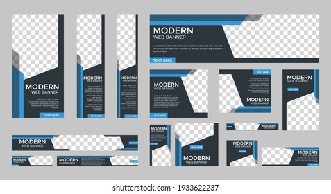 conjunto de banners web modernos de tamaño estándar con un lugar para las fotos. Plantilla vertical, horizontal y cuadrada. EPS vectorial 10