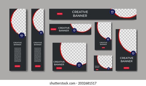 Conjunto de diseños de plantillas de banners web modernos en tamaños estándar.  plantilla de tamaño de banner para promoción de ventas y publicidad