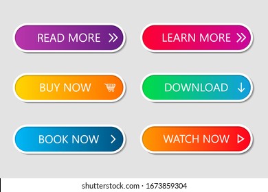 Set of modern web buttons. Navigation button menu with gradient on white forms with shadows. Web action elements for game, call, buy, learn, read and download. Trendy style. UI graphic for app. Vector
