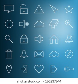 Set of modern web icons on blurred blue background