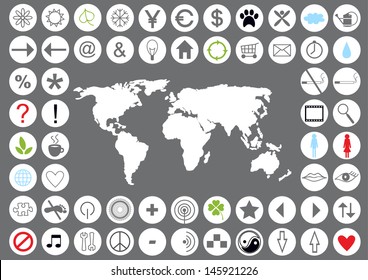 set of modern web icons and world map in silhouette, vector concept