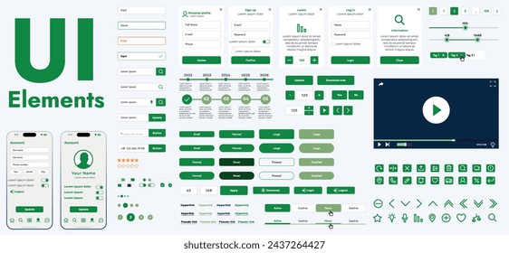 A set of modern web interface elements designed for the development and design of websites and mobile applications. Includes buttons, icons, menus, navigation elements and other components.