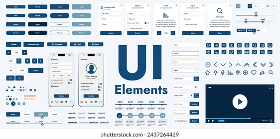 A set of modern web interface elements designed for the development and design of websites and mobile applications. Includes buttons, icons, menus, navigation elements and other components.