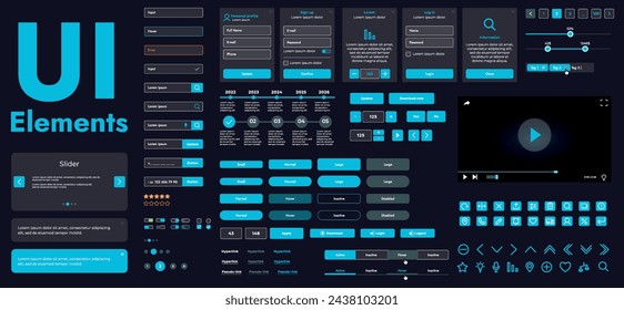 A set of modern web interface elements designed for the development and design of websites and mobile applications. Includes buttons, icons, menus, navigation elements and slyder.