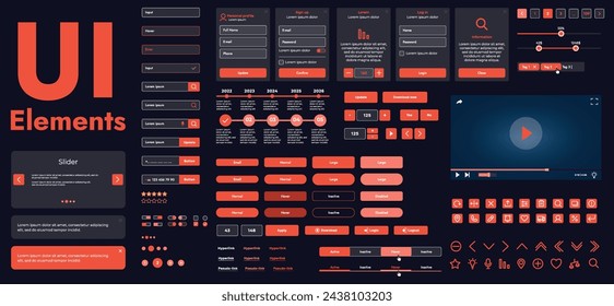 Un conjunto de elementos modernos de interfaz web diseñados para el desarrollo y diseño de sitios web y aplicaciones móviles. Incluye botones, iconos, menús, elementos de navegación y control deslizante.