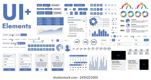 Un conjunto de modernos Elementos de interfaz de Web diseñados para el desarrollo y diseño de Sitios web y aplicaciones móviles. Incluye Botones, iconos, Elementos de navegación, deslizador, formularios.