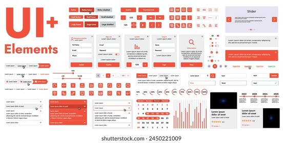 A set of modern web interface elements designed for the development and design of websites and mobile applications. Includes buttons, icons, navigation elements, slyder, forms.