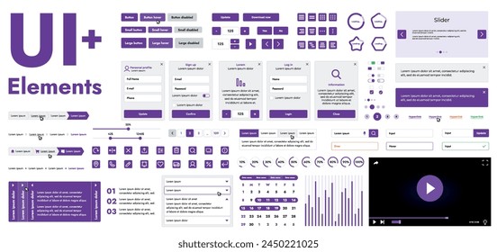 Un conjunto de modernos Elementos de interfaz de Web diseñados para el desarrollo y diseño de Sitios web y aplicaciones móviles. Incluye Botones, iconos, Elementos de navegación, deslizador, formularios.