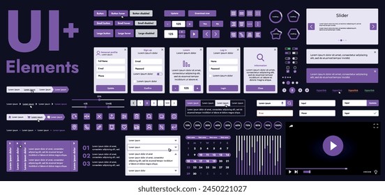 Un conjunto de modernos Elementos de interfaz de Web diseñados para el desarrollo y diseño de Sitios web y aplicaciones móviles. Incluye Botones, iconos, Elementos de navegación, deslizador, formularios.