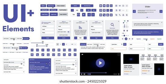 Un conjunto de modernos Elementos de interfaz de Web diseñados para el desarrollo y diseño de Sitios web y aplicaciones móviles. Incluye Botones, iconos, Elementos de navegación, deslizador, formularios.