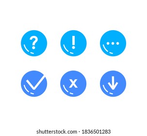 Set of modern web universal icons. Vector flat illustrations. Blue circle buttons with black line. Question mark, exclamation mark, check mark, cross mark, arrow pointer.