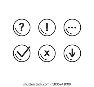 Conjunto de iconos universales de la web moderna. Ilustraciones vectoriales planas. Botones de círculo blanco con línea negra. Marca de pregunta, signo de exclamación, marca de verificación, marca de cruce, puntero de flecha.