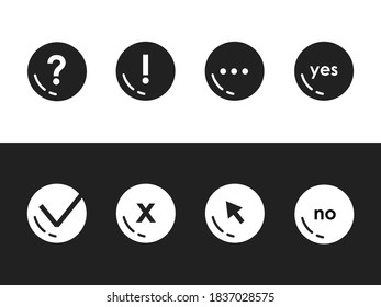 Set of modern web universal icons. Vector flat illustrations. Black and white circle buttons. Question mark, exclamation mark, check mark, cross mark, arrow pointer, yes, no.
