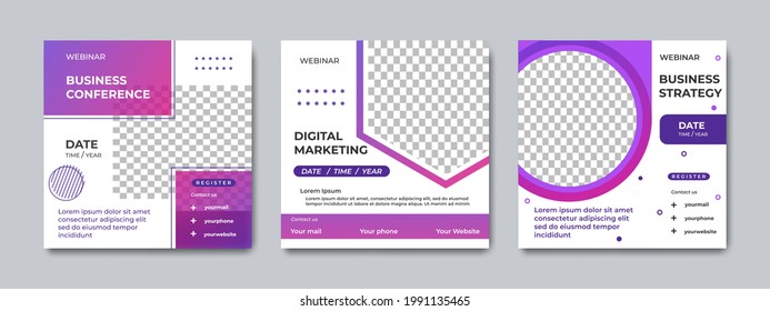 Set of modern webinar social media post templates for concept design. Suitable for online marketing promotion banner, webinar, seminar, flyer, ads, etc.	