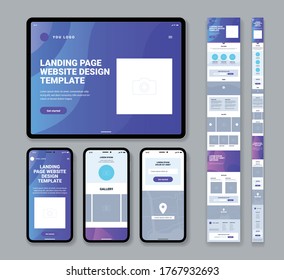 Set of modern website landing page design templates for mobile phone or tablet with gallery articles contact form flat isolated vector illustration