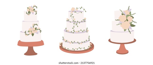 Set of modern wedding cake with flowers and leaves, botanical decoration. Contemporary birthday delicious confectionery. Boho bridal wedding arrangements decor. Hand drawn flat vector illustration