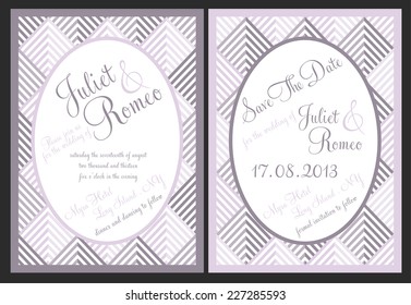 Set of modern wedding invitation template, purple and gray geometric diamonds, invitation and save the date card