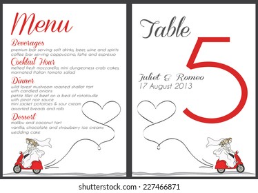 Set of modern wedding invitation template, scooter love, menu and table number card