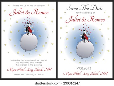 Set of modern wedding invitation template, planet, invitation and save the date card