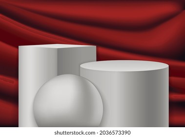 Conjunto de cubo blanco moderno y podio peatonal de paso del cilindro sobre fondo rojo. Escena en la pared blanca. 3 quinquies para la presentación de productos cosméticos. Ilustración vectorial de dibujos animados planos