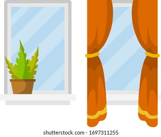 Set von modernen Windows mit weißem Rahmen. Die Vorhänge sind aus blauem Glas und orangefarben, die Blumenmotive auf dem Fensterbrett. Flat Element der Dekoration des Zimmers und der Wand des Hauses.