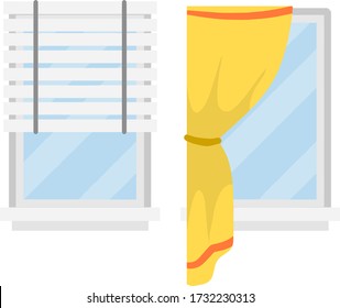 Set of modern Windows with white frame. Blue glass and orange curtains, white blinds. Element of decoration of room and wall of house. Flat louver