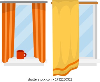 Set of modern Windows with white frame. Blue glass and orange curtain and red coffee mug on windowsill. Flat Element of decoration of room and wall of house.