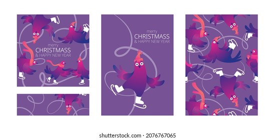 Set of modern Winter templates. Merry Christmas Holiday cards and invitations. Collection of posters, banners, cards and patterns. Funny characters doves in skates. Pigeons are skating on the ice rink