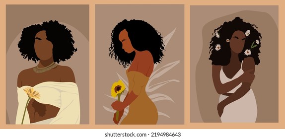 Set of Modern Woman Wall Arts , Abstract Female Prints, Boho Girl Wall Decor, Mid Century wallpaper design with stylish black girls and flowers. Contemporary art vector illustrations in Earthy Tones.