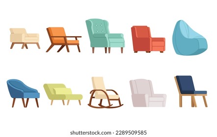 Set of modern wooden comfortable armchair vector illustration isolated on white background