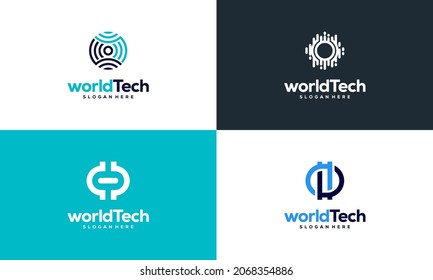 Set of Modern World Tech logo designs concept vector illustration, Abstract Circle Technology logo template, Wire Tech logo designs vector