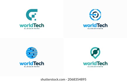 Conjunto de diseños de logotipo Modern World Tech concepto ilustración vectorial, plantilla de logotipo de la tecnología de círculo abstracto, diseños de logotipo de Wire Tech vectorial