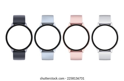 Set of Modern Wrist Watches With Round Blank Screens, Isolated on White Background. Vector Illustration