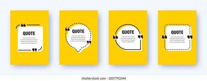 Set of modern yellow banners with quote frames. Speech bubbles with quotation marks. Blank text box and quotes. Blog post template. Vector illustration.