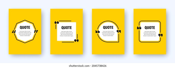 Set of modern yellow banners with quote frames. Speech bubbles with quotation marks. Blank text box and quotes. Blog post template. Vector illustration.