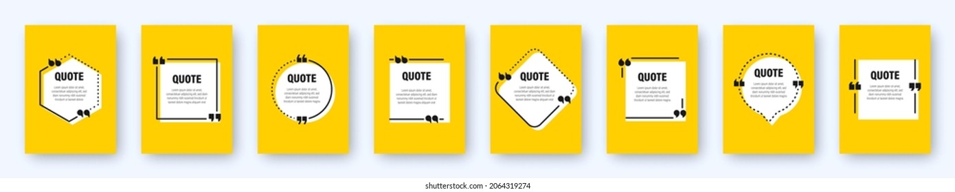 Set of modern yellow banners with quote frames. Speech bubbles with quotation marks. Blank text box and quotes. Blog post template. Vector illustration.