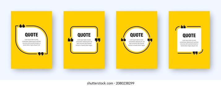 Set of modern yellow banners with quote frames. Speech bubbles with quotation marks. Blank text box and quotes. Blog post template. Vector illustration.