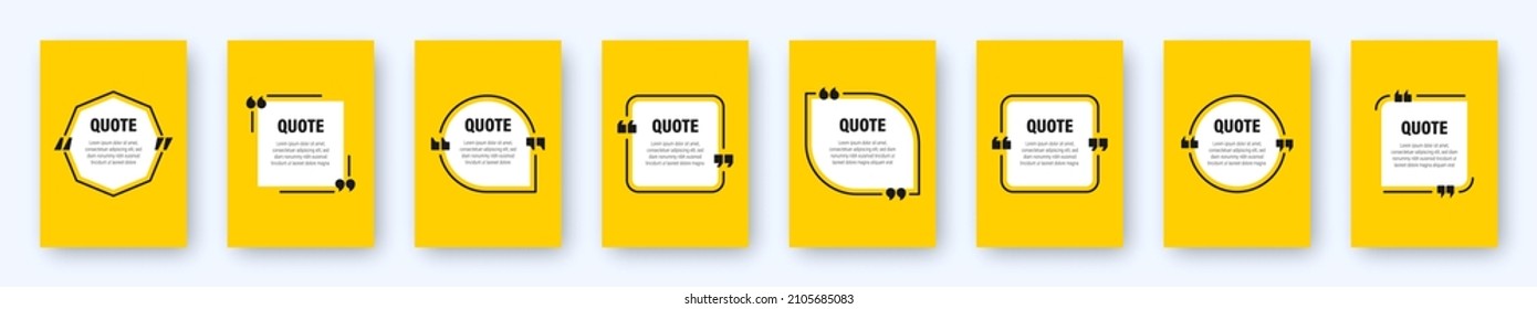 Set of modern yellow banners with quote frames. Speech bubbles with quotation marks. Blank text box and quotes. Blog post template. Vector illustration.