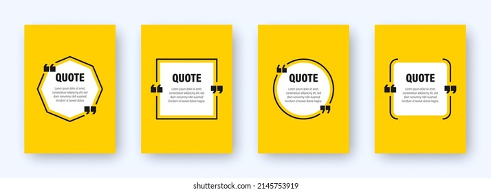 Set of modern yellow banners with quote frames. Speech bubbles with quotation marks. Blank text box and quotes. Blog post template. Vector illustration.