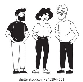 set of modern young people, workers and colleagues. vector drawing in simple linear style, flat