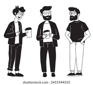 set of modern young people, workers and colleagues. vector drawing in simple linear style, flat