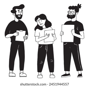 set of modern young people, workers and colleagues. vector drawing in simple linear style, flat