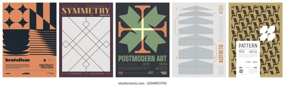 Set modernism art colorful trendy poster, artwork minimalistic and  brutalism style, abstract geometric A4 rave postmodern composition, vector simple shapes print graphic in Y2K aesthetics, set 5