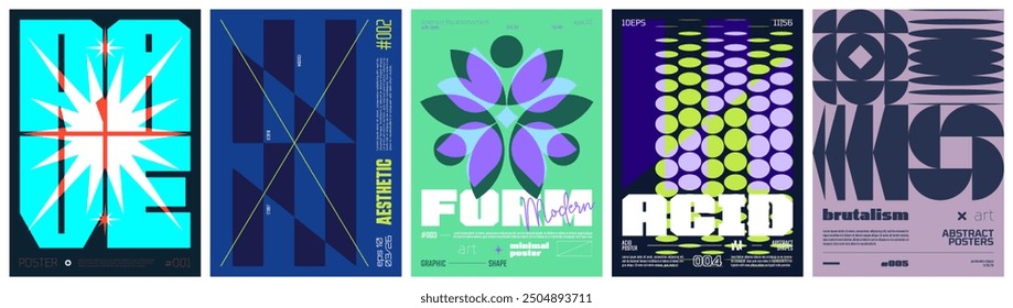 Set modernism art colorful trendy poster, artwork minimalistic and  brutalism style, abstract geometric A4 rave postmodern composition, vector simple shapes print graphic in Y2K aesthetics, set 2