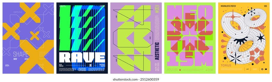 Set modernism art colorful trendy poster, artwork minimalistic and  brutalism style, abstract geometric A4 rave postmodern composition, vector simple shapes print graphic in Y2K aesthetics, set 7