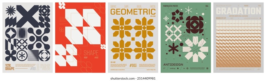 Set modernismus kunst bunt trendy poster, kunstwerk minimalistisch und brutalismus stil, abstrakte geometrische A4 rave postmoderne komposition, vektor einfache formen druck grafik in Y2K ästhetik, satz 10