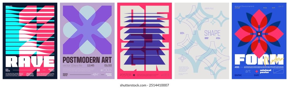 Conjunto de arte modernista colorido cartel de moda, obra de arte estilo minimalista y brutalismo, abstracto geométrico A4 rave postmoderno, Vector simple Formas imprimir gráfico en la estética Y2K, conjunto 8