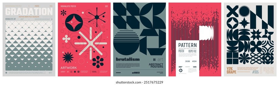 Conjunto de arte modernista colorido cartel de moda, obra de arte estilo minimalista y brutalismo, abstracto geométrico A4 rave postmoderno, Vector simple Formas imprimir gráfico en la estética Y2K, conjunto 13