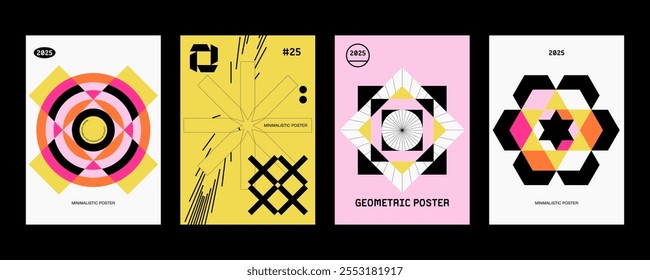 Set modernism art colorful trendy poster, artwork minimalistic and rave postmodern composition, vector simple shapes print graphic in Y2K aesthetics.