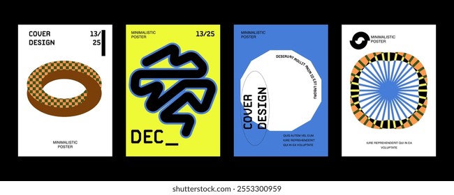 Set modernism art colorful trendy poster, artwork minimalistic and rave postmodern composition, vector simple shapes print graphic in Y2K aesthetics.